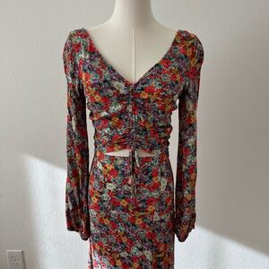 H&M Floral Ruched Blouse with Midi Skirt